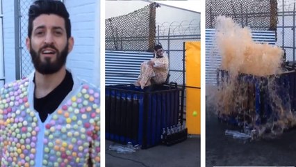 Cet homme a mis sa vie en danger au nom de la science. Il a plongé dans une piscine de soda habillé d'une veste de Mentos