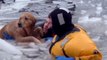 Ce chien allait se noyer dans une rivière gelée quand des hommes sont venus à son secours