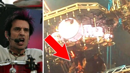 Tommy Lee : bloqué la tête en bas avec sa batterie et au-dessus de la foule