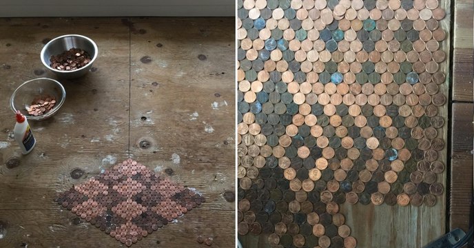 Décoration : cette femme réalise un sol original à l'aide de pièces de centimes