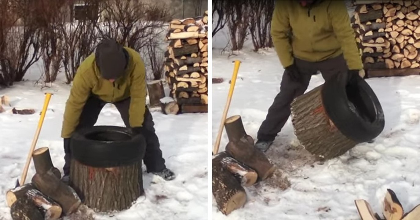 L'astuce du pneu pour fendre du bois plus facilement