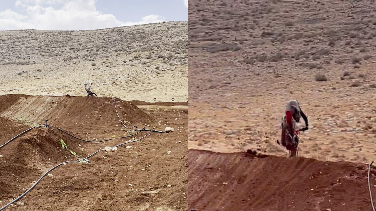 'Dirtbike rider sent flying after hard landing following a jump *Motocross Crash*'