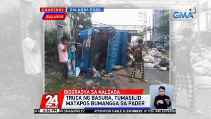 Truck ng basura, tumagilid matapos bumangga sa pader | 24 Oras