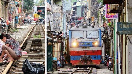 Hanoï (Vietnam) : le train qui passe en pleine rue et frôle les habitations