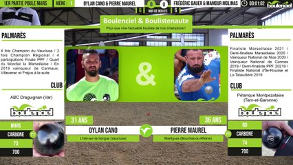 Dylan CANO & Pierre MAUREL vs Frédéric BAUER & Mamour MOLINAS : 1e partie poule défi pétanque Boulenciel