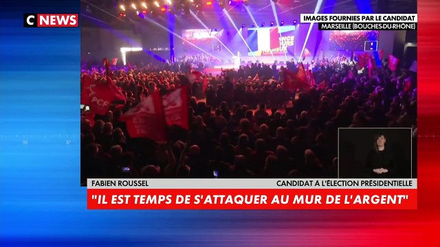 Fabien Roussel, le candidat communiste e meeting à Marseille annonce vouloir rétablir et tripler l'impôt sur la fortune et augmenter les salaires à 1.500 euros net
