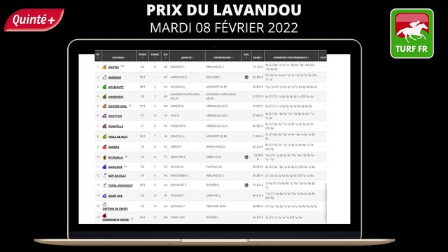 Minute Quinté TURF FR : PRIX DU LAVANDOU - Mardi 08 Fevrier 2022 - Cagnes sur mer PMU #267993