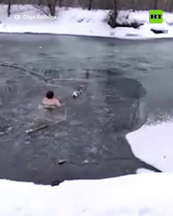 Una mujer se lanza al agua helada para salvar un perro