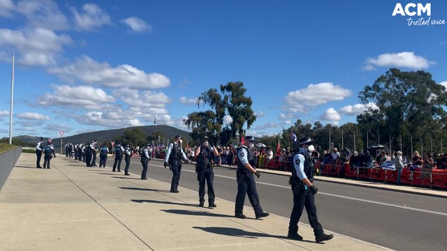 Protesters chant 'save our children' outside Parliament House | February 8, 2022 | Canberra Times