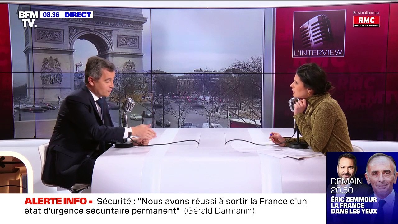 Extrait de l'émission L'Interview sur BFMTV et RMC avec Apolline de Malherbe. Elle a reçu Gérald Darmanin, ministre de l'Intérieur, et leur échange était musclé.