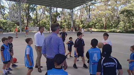 Dominic Perrottet and Andrew Constance play with Merimbula Basketball kids