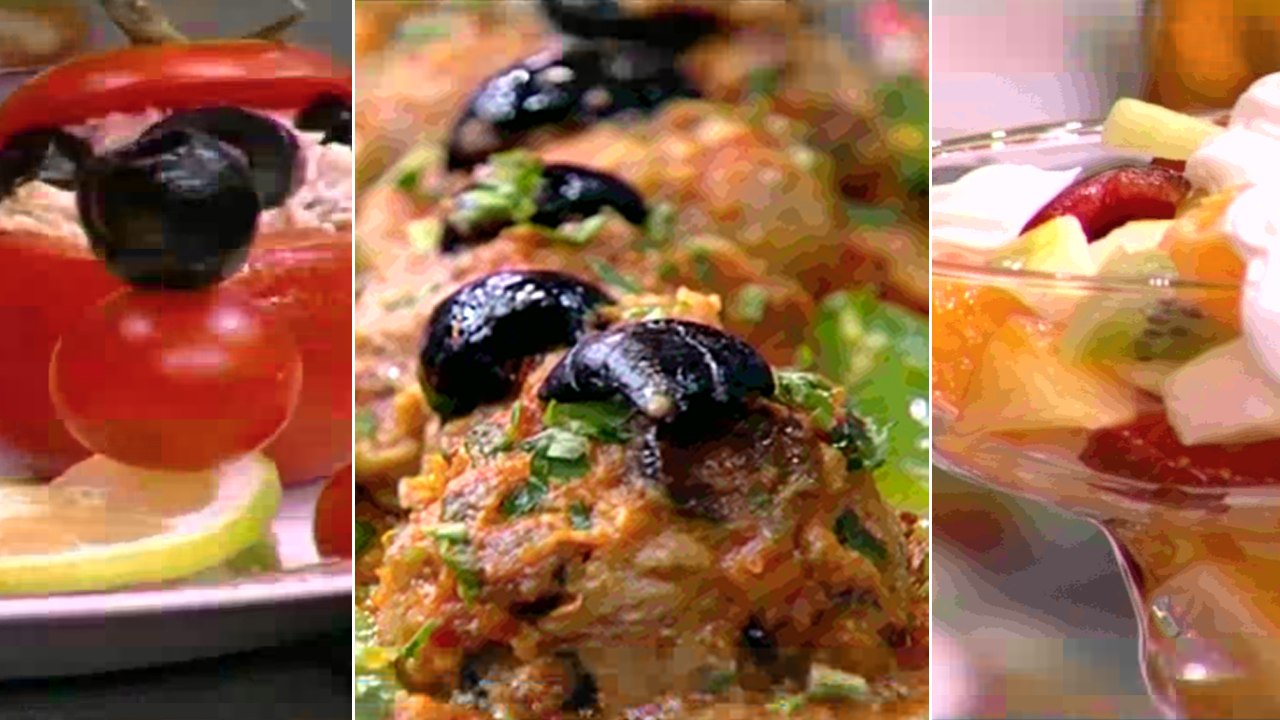 Tomates farcies, Soupe au poulpe, Boulettes bœuf-olives , Salade de Fruits - Couzinetna hakka