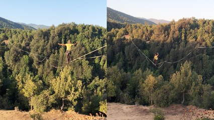 'Incredibly determined man courageously walks a 300m+ long highline '