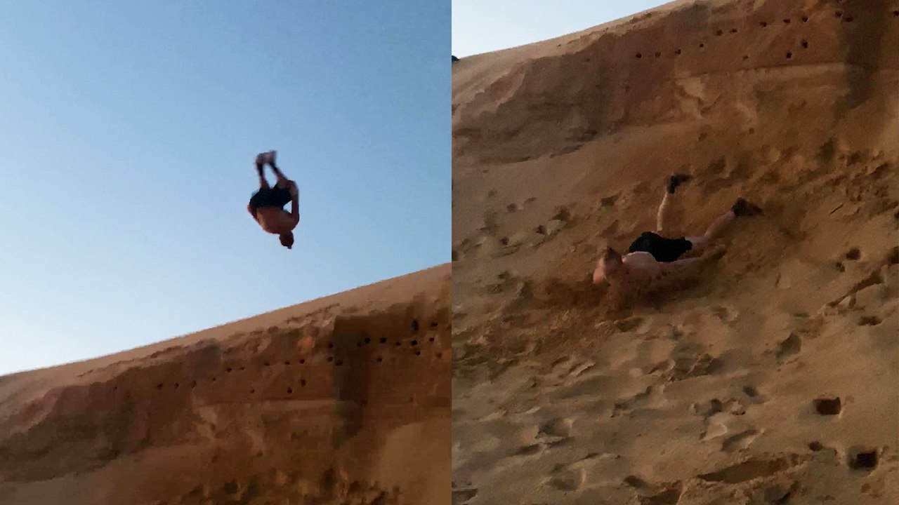 'Freerunner EATS DIRT while attempting a double gainer down a sand slope'