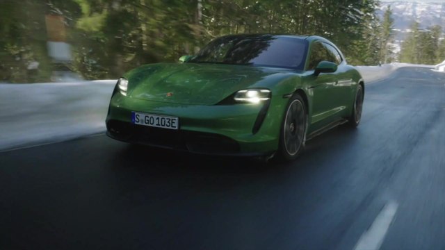 Porsche Taycan Turbo S Sport Turismo in Mamba Green Driving Video