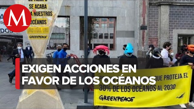 En CdMx, activistas de Greenpeace protestan frente a SRE; piden Tratado Global de Océanos
