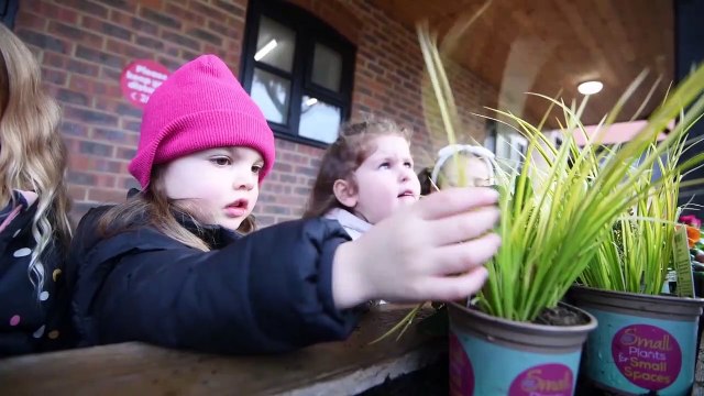 Children at Busy Bees Nursery plant herbs and flowers at a community event