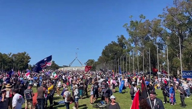 Protesters congregate at Parliament House | February 12, 2022| The Canberra Times