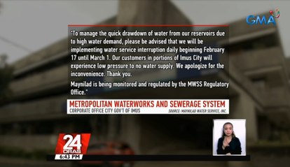 Daily water service interruption, ipatutupad ng Maynilad sa ilang lugar sa Imus, Cavite simula Feb. 17 hanggang March 1 | 24 Oras