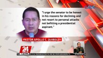 Sagot ni Pastor Apollo Quiboloy kay Sen. Manny Pacquiao: Maging tapat sa kaniyang dahilan sa pagtanggi sa pagdalo | 24 Oras