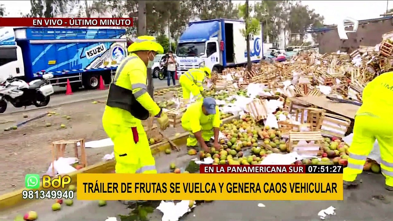 Camión cargado de frutas vuelca en la Panamericana Sur