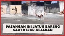 Kekasih Sejati, Pasangan Ini Jatuh Barengan Saat Kejar-kejaran di Pinggir Jalan, Warganet: Real Jatuh Cinta