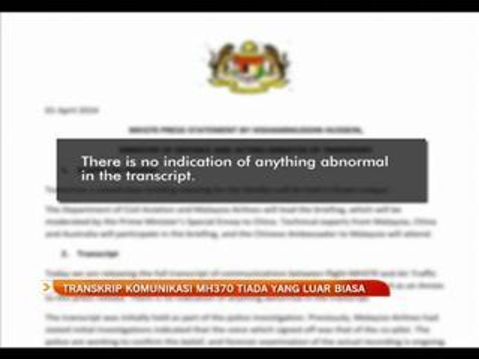 Transkrip komunikasi pesawat MH370 didedah kepa...