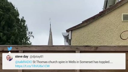 Storm Eunice blows the spire off St Thomas' Church in Wells, Somerset