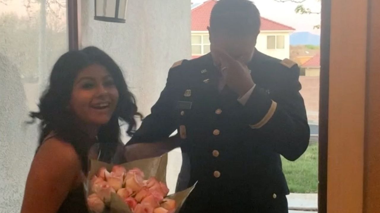 Military Stepdad In Tears As He Surprises Stepdaughter With Prom At Home | Happily TV