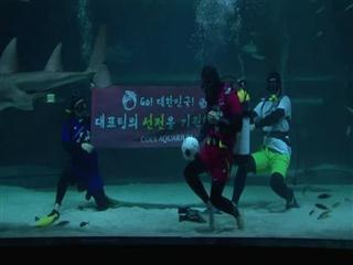 South Korean diver plays football in aquarium