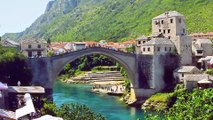 Aerial view over Old Bridge in Mostar, Bosnia and Herzegovina.