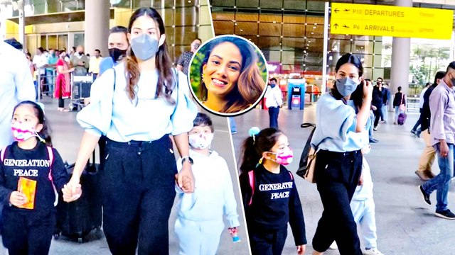 Mira Rajput Walks Hand In Hand With Her Kids Misha and Zain Kapoor At Airport