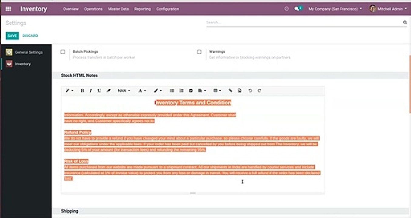 How to configure HTML notes and automatically add to stock in draft | Odoo Apps Features