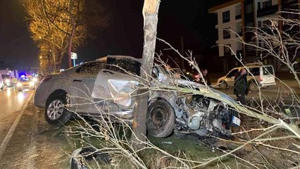 Otomobil ağaca asılı kaldı