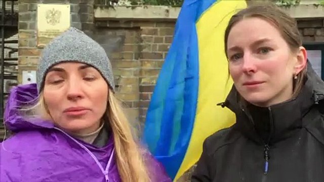 Ukraine Crisis - Ukrainian national protesting outside the Russian embassy in London expresses concern for family back home as Russia launches attack (SWNS)