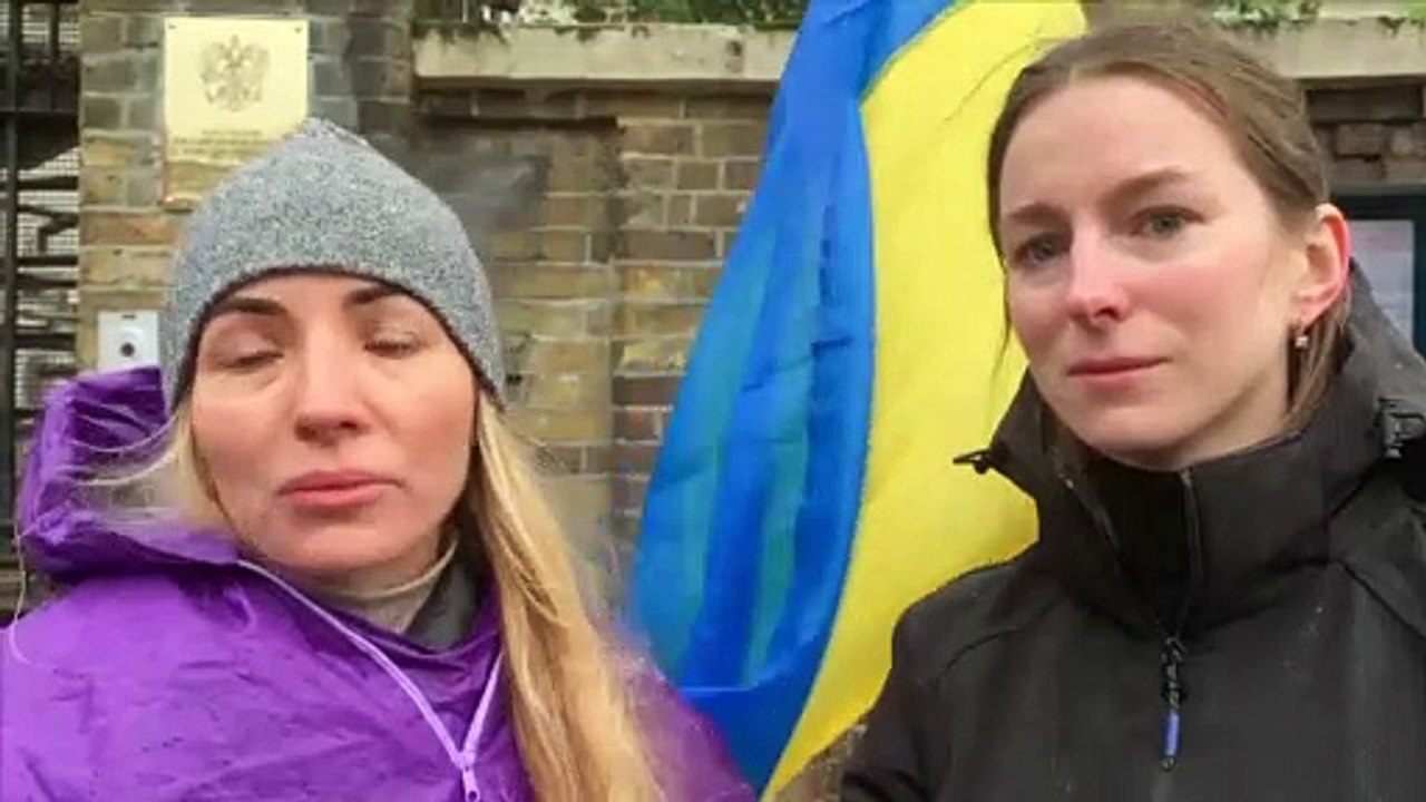 Ukraine Crisis - Ukrainian national protesting outside the Russian embassy in London expresses concern for family back home as Russia launches attack (SWNS)