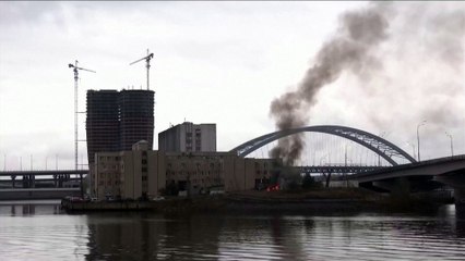 Smoke rises from fire outside intelligence building in Kyiv