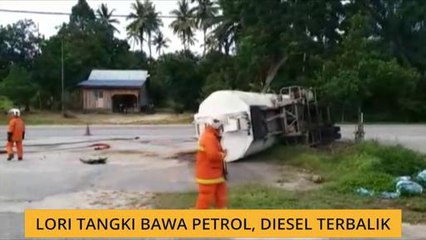 Lori tangki bawa petrol, diesel terbalik