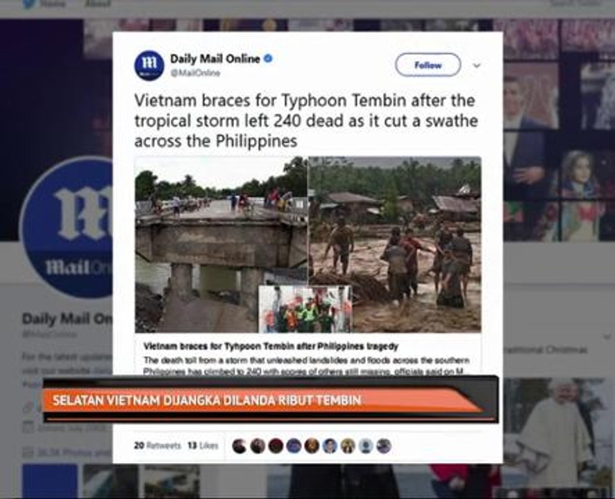 Selatan Vietnam dijangka dilanda ribut Tembin