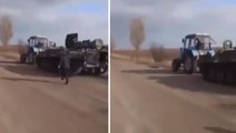 Ukraynalı çiftçinin, Rus tankını kaçırdığı görüntüler saniye saniye kameralara yansıdı