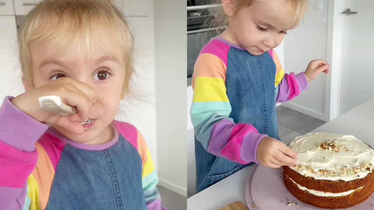 'Supremely skilled 4 y/o girl bakes a yummy, rich carrot cake '