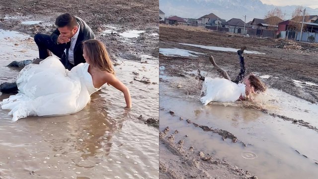 'Hilarious footage of newly married couple falling in muddy water during photoshoot '