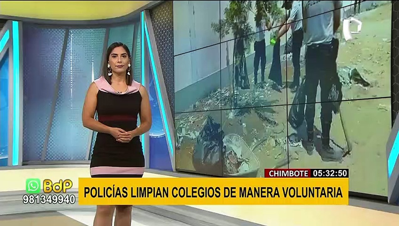 Chimbote: policías limpian exteriores de colegios ante inicio de clases presenciales