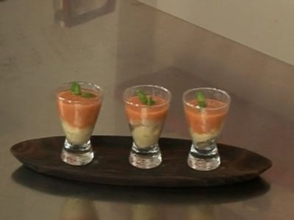 L'atelier des Chefs : la soupe froide de tomates et poivrons, raviole de ricotta
