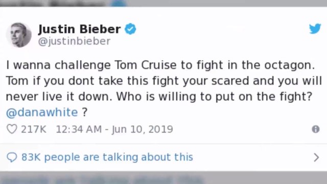 Ich bin gefährlich : Justin Bieber ist immer noch heiß auf Match gegen Tom Cruise