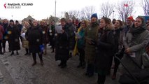 Hundreds sing outside Russian ambassador`s residence and Russian embassy in Reykjavik