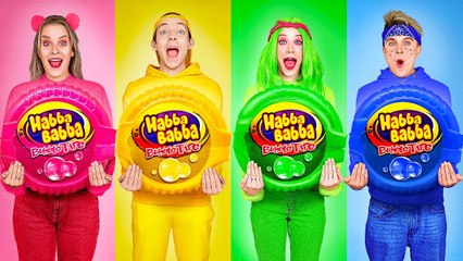 Download Video: BUBBLE GUM BLOWING BATTLE Eating Only Color Food 24 HOURS Challenge! Mixing By 123 GO! TRENDS