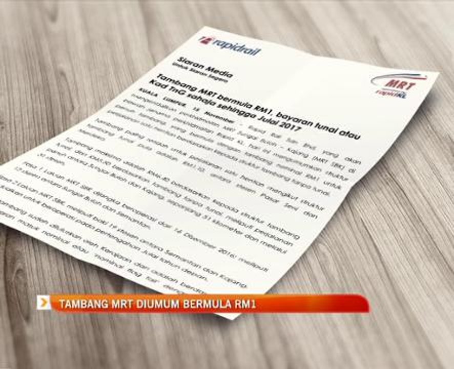 Tambang MRT diumum bermula RM1