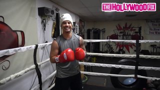 Austin McBroom Practices Punches On Stromedy's Friend Movie Man Mark During A Private Gym Sesion In Los Angeles, CA