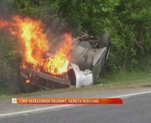 Lima sekeluarga selamat, kereta rentung